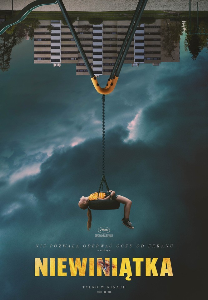 Film poster: a girl on a swing, which is upside down. Dark clouds and an upside-down block of flats in the background.