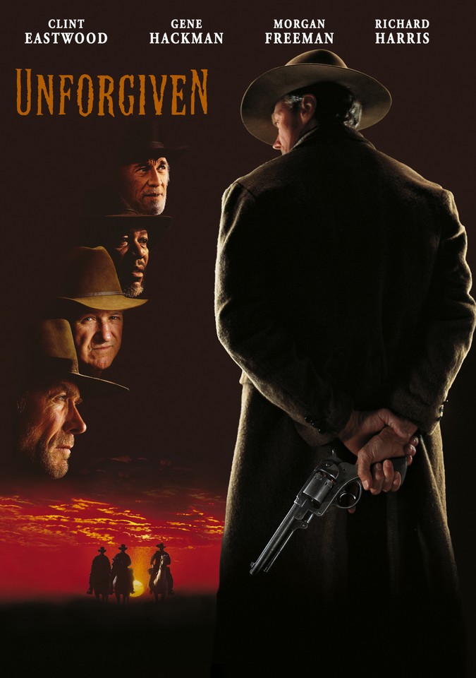 Film poster with photos of the actors. One of the actors is standing with his back to the camera, holding a gun.
