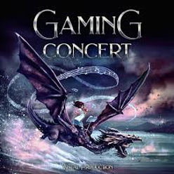 Concert poster in blue colours - a flying dragon with a person on it