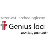 The name of the Archaeological Reserve on white background and a small picture of a cross resembling a human figure.