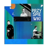 Concert poster in blue and green colors; photos of musicians playing musical instruments
