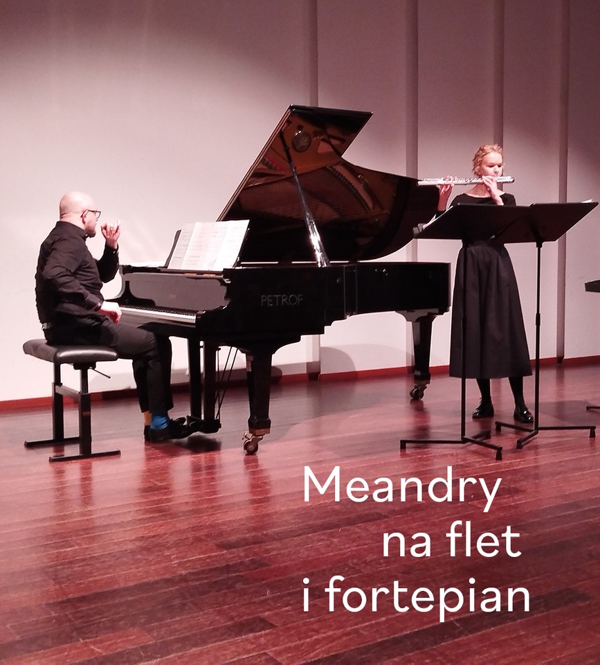 Picture promoting the concert - two people in black clothing on the stage - a woman playing flute and a man playing piano