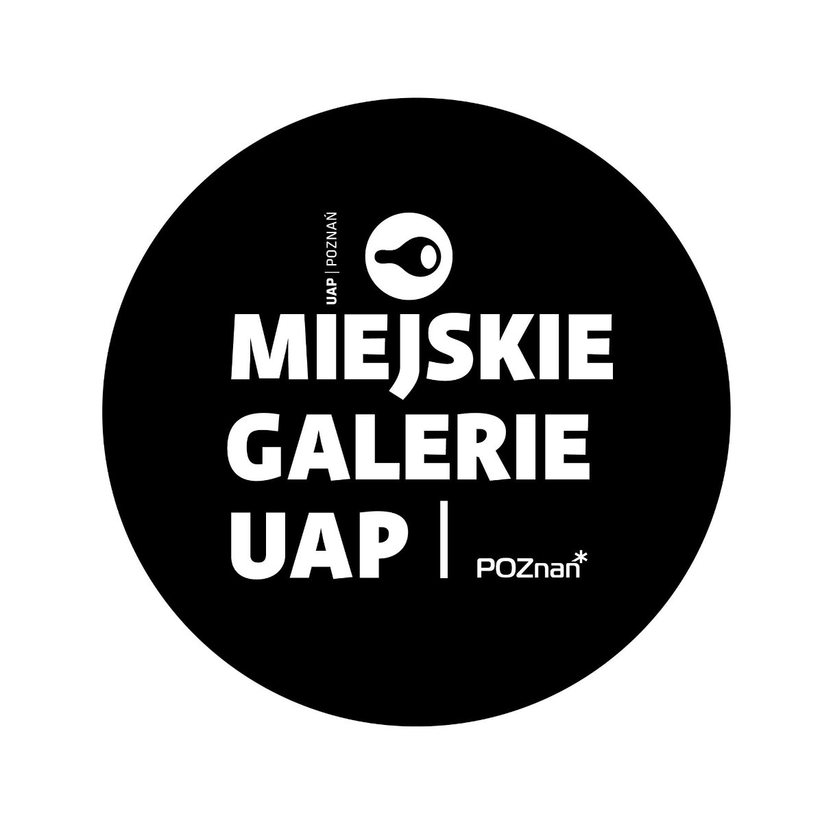 Name "Miejskie Galerie UAP" in bold font on black circular background