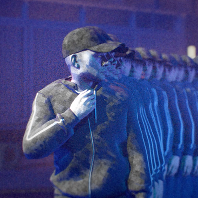 Multiplied copies of a young man in a sweatshirt and a cap. Photo in blue colours.