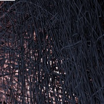 A dark-colored photograph of braided wicker twigs or cables, through which dim light shines through.