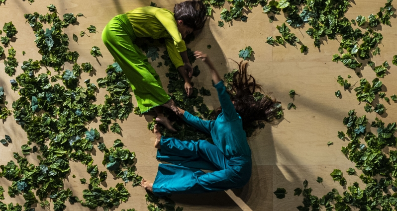 Two dancers - one in green, another in blue clothes - lying on the floor covered with green leaves.