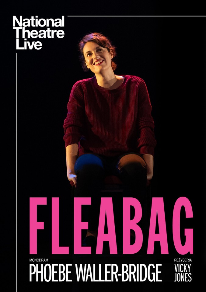 The poster shows a smiling woman - Phoebe Waller-Bridge - in navy blue trousers and a loose purple sweater, sitting on a high chair. He looks up.