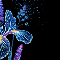 On black background on the left the drawing of flowers in blue colours.