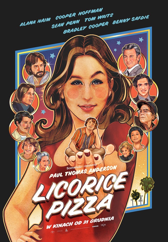 Film poster - drawing of a woman who is holding a man in her open hand; around a woman - pictures of other people.