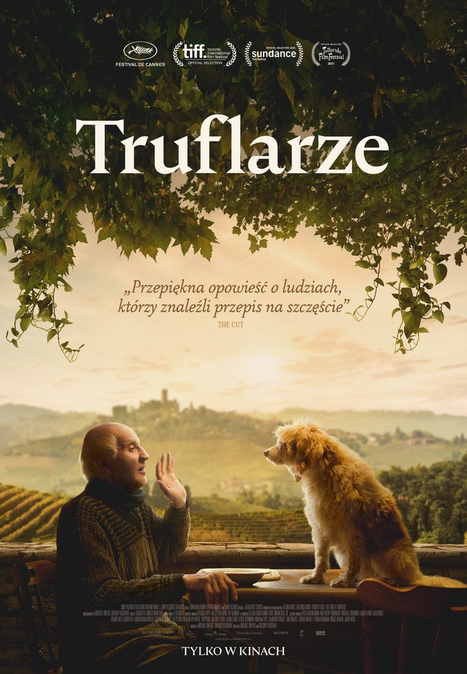 Film poster - a man and a dog - they are opposite each other, a landscape as a background.