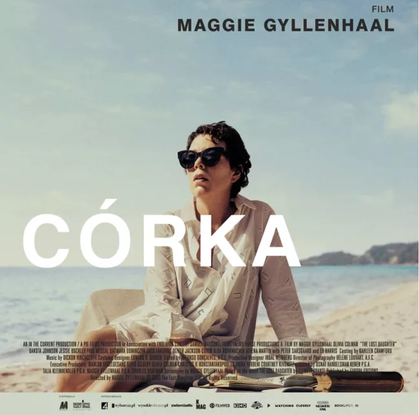 Film poster - photo of a woman in dark sunglasses sitting on a seashore.