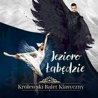 Event poster: ballet dancer in white costume and a man in black costume with spread black wing.