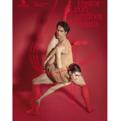 Poster: a woman and a man in a dancing pose. Red background.
