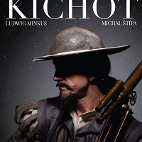 Photo of a man with a mustache and a hat, at the top of the poster the title of the play "Don Kichot".