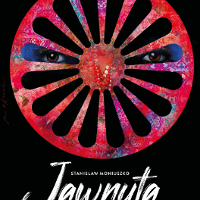 Performance poster: on a black background a colorful circle with symmetrical cutouts, behind which a pair of eyes is visible. Below white inscriptions with the title and author of the play.