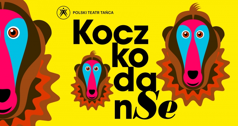Colourful event poster - black title of the performance on yellow background and a head of a monkey