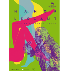 Performance poster: colourful drawing of a man kissing a woman's leg.