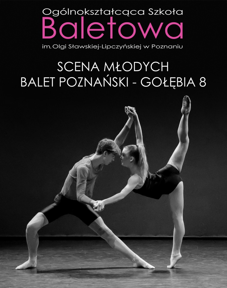 Black and white photo of two ballet dancers (a young man and a young woman) in dancing poses.