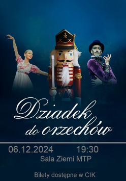 Performance poster: two ballet dancers and a wooden nutcracker between them. Under the photo the performance title and information about the event.
