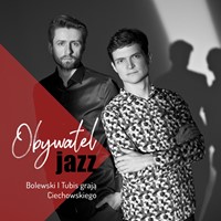 Black and white photo of the artists - two young man looking into the camera, on the left dark red triangle with white and black captions.