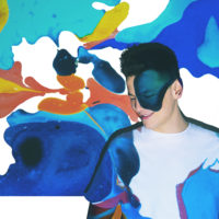 A composition of colourful spots and the photo of the artist