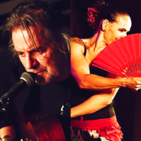 Photo divided into two parts: on the left - photo of Witek Łukaszewski singing to the microphone, on the right - photo of Angelika Bobkowska in a dance pose with a hand fan.