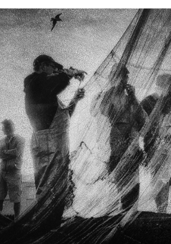 One of the exhibition works - black and white photo of fishermen standing by their fishing nets
