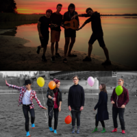 Picture divided into two. One presenting four silhouettes of people on the lake shore with sun-set in the background. The other presenting five people with colourful balloons.