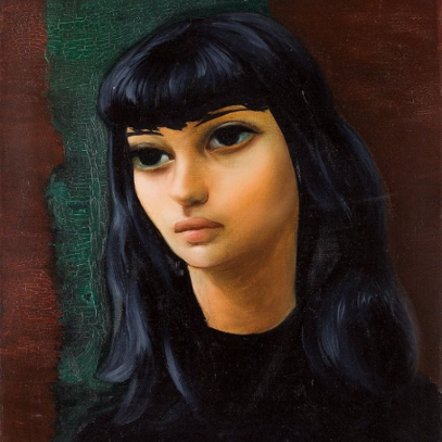Portrait of a dark-haired girl in black clothing with distinctive large, dark eyes. Brown and green background.