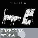 Drawing of white dog on a black background reflecting in a mirror; the mirror is white and the reflection of a dog is black.