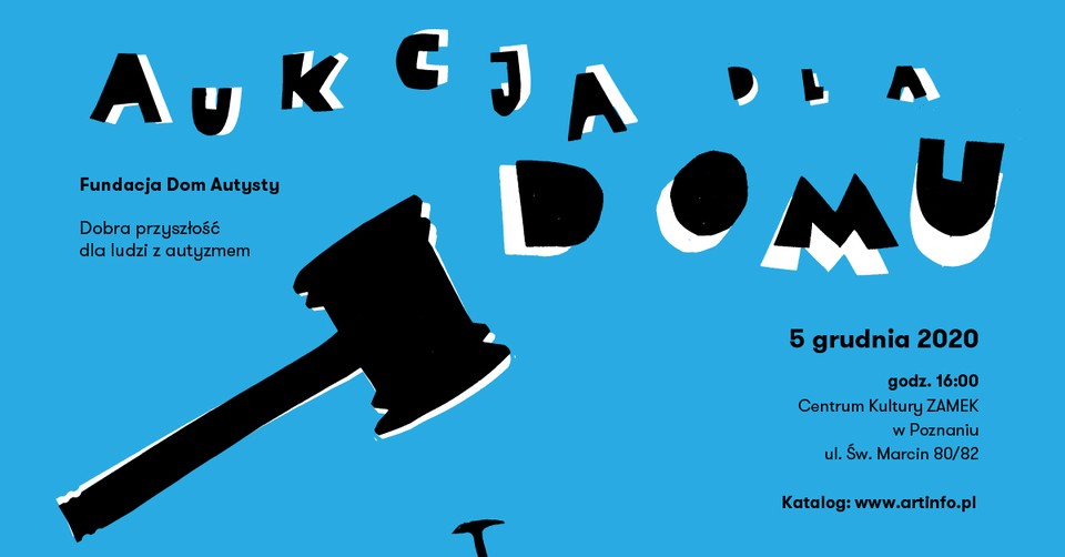 Black lettering and a picture of an auctioneer's gavel on blue background.