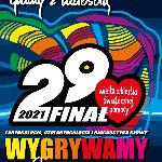 Poster of 29. Finale of Grand Orchestra of Christmas Charity: white lettering, red heart - symbol of the event and colourful background