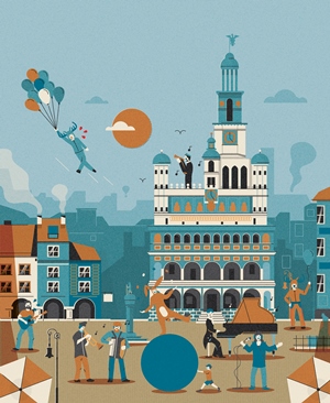 Colourful picture of the Old Market Square in Poznań. The Town hall in the middle, some people singing and playing the instruments in front of it, on the left a man flying with balloons in his hand