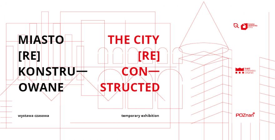 Red lettering and geometric shapes forming the outline of buildings on white background