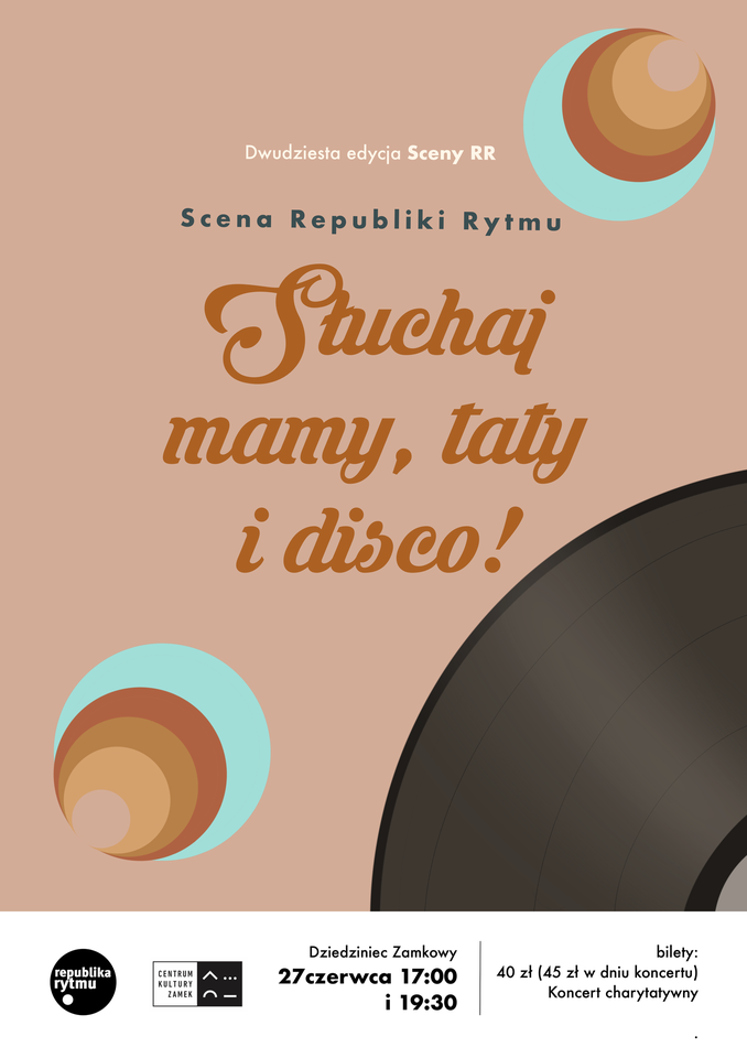 The beige poster with the title of the event in the center. A piece of vinyl has been placed in the lower right corner. In the lower left corner, there are blue-brown circles resembling peacock eyes.