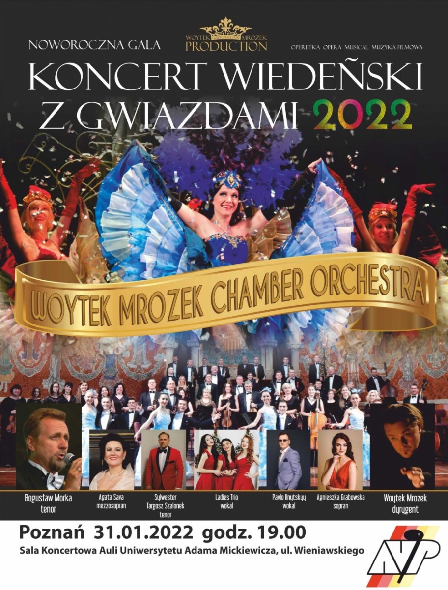 Photos of the opera singer in front of the poster, the choir on the back
