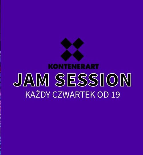 "Jam session" inscription and information about the event on violet background