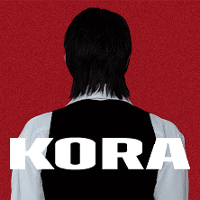 Photo of a man who is turned his back to the viewer. White inscription "Kora" on man's back. Red background.