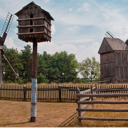 Rural landscape: a birdhouse on a pole, a fence behind it. Two wooden windmills and trees in the background.