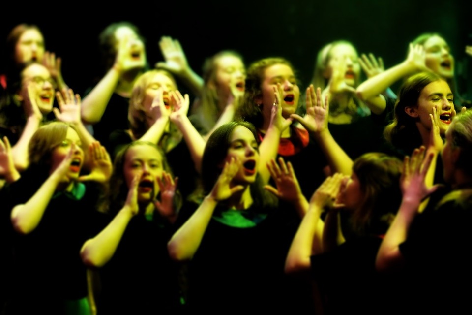 Photo of girls' choir performing on stage