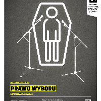 Spectacle poster in grey and white colours. In the bottom - information about the performance.