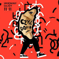 Event poster:a person whose upper part of a body is in a croissant shape. Red background.