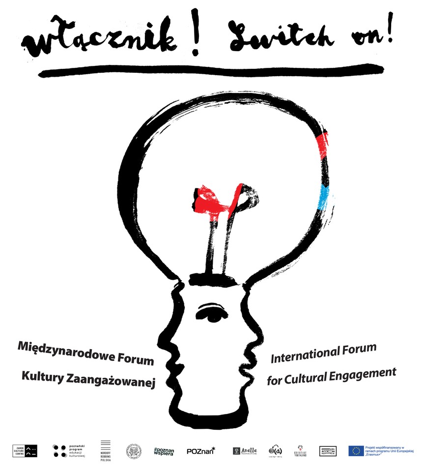 Event poster: the graphic of a huge light bulb, the stem of which resembles a head.