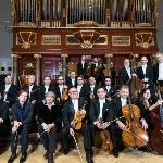Photo of the Amadeus Orchestra - musicians holding the instruments in their hands in three rows on a stage