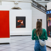 The girl looks at the exhibition, standing with her back to the camera.