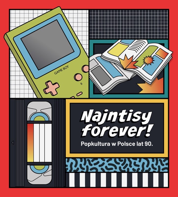 Multicolored graphic divided into four parts. In the upper left corner a Game Boy drawing, next to two open magazines/comics. In the lower left corner a VHS tape, in the right a white inscription with the Polish title of the exhibition