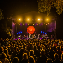 The stage is in semi-darkness, with musicians on it and an audience in front of the stage.