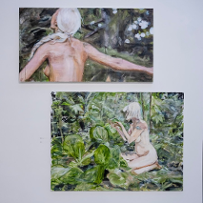 Two paintings one below the other. On one a naked woman turned backwards, on the other a naked woman kneeling among green plants.