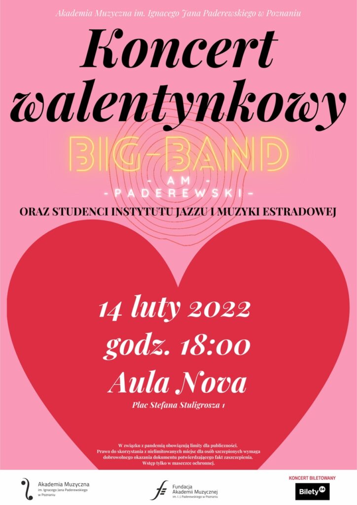 Concert poster - information about the concert and a big red heart on the pink background.