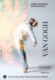 A photo of a man in white shirt and straw hat in dancing pose with his back bent backwards on gray background. Half of the photo is overlaid with translucent painting of sun. On the side information about the performance in a black font.